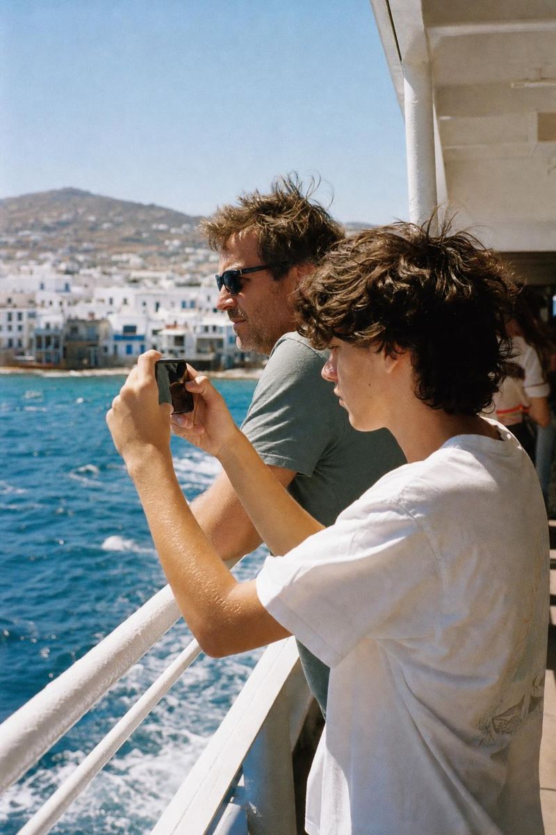 Un père et son fils sur le pont d’un ferry, face à une île grecque