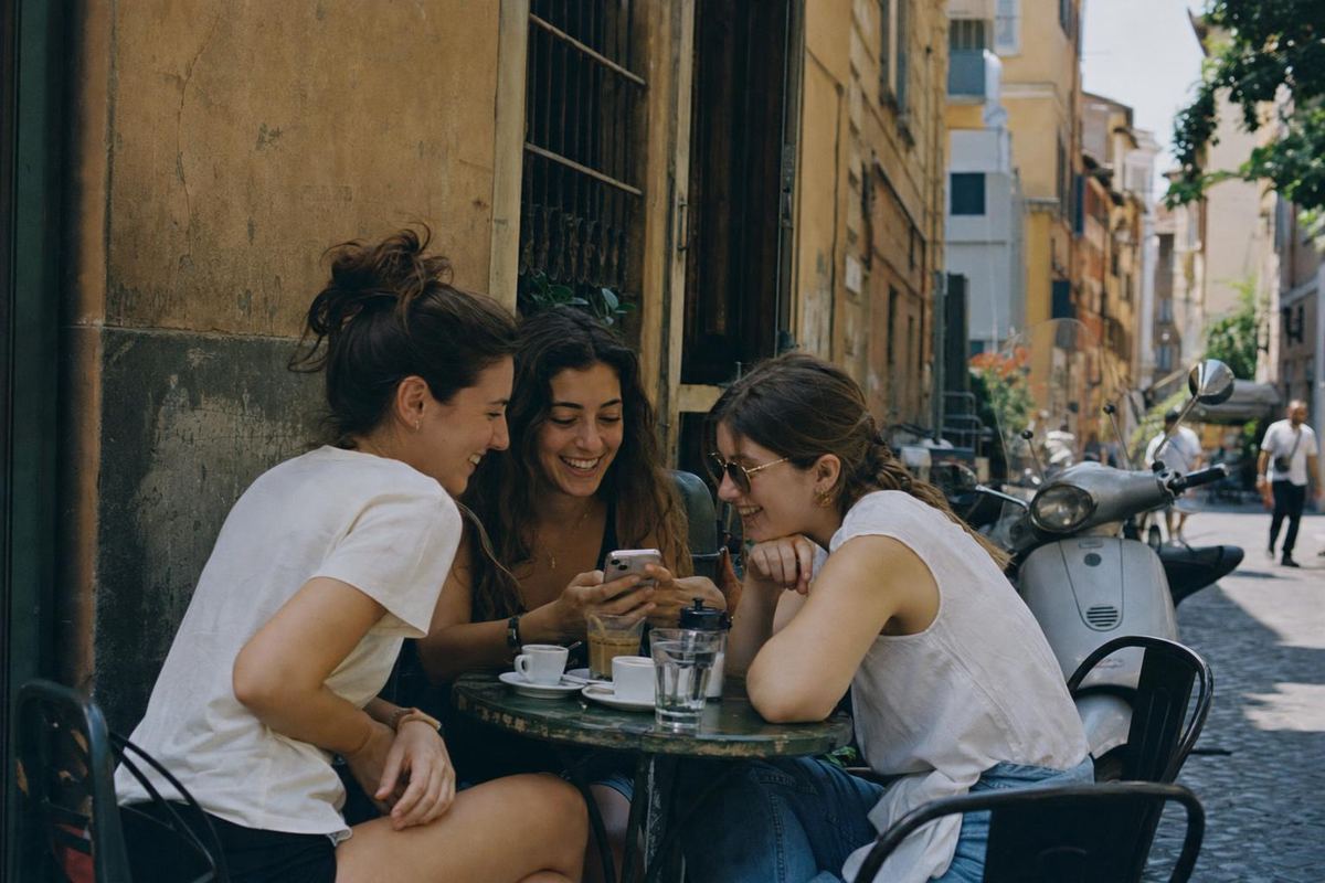 Trois amies rient autour d’un téléphone à une terrasse de café à Rome